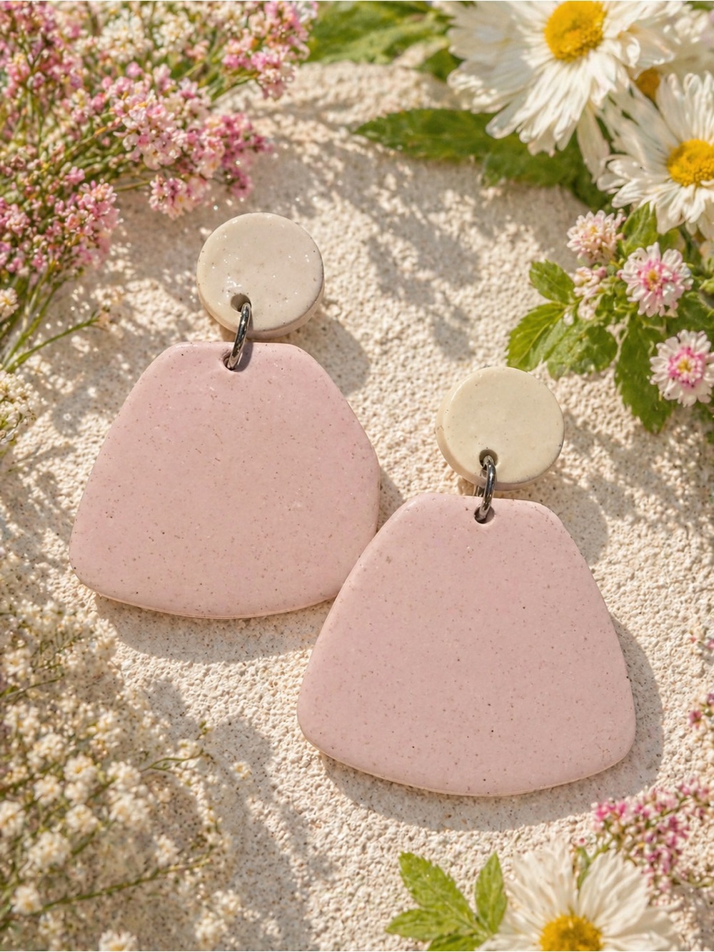 Pink and Cream Dangle Handmade Polymer Clay Earrings